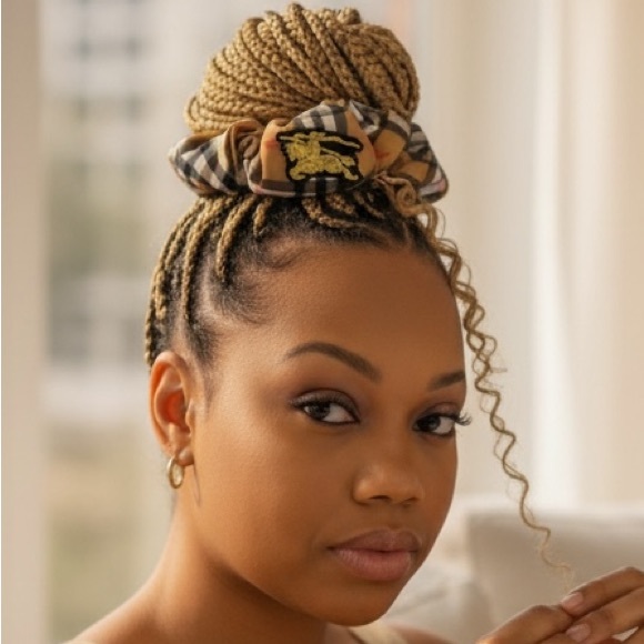 Luxury Black brown tan plaid hair scrunchie hair tie ponytail holder New - Picture 2 of 6